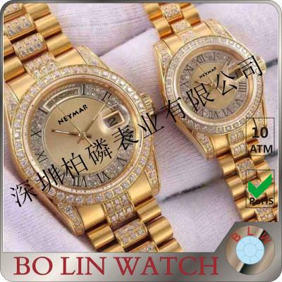 China Stainless Steel Case Quartz Gold Watch , Mens Diamond Gold Watch For Couple / Twin for sale