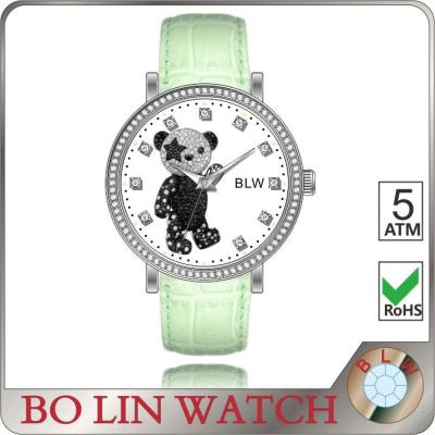 China Casual Laides Colored Genuine Leather Watches With Cubic Diamond Bear Dial for sale