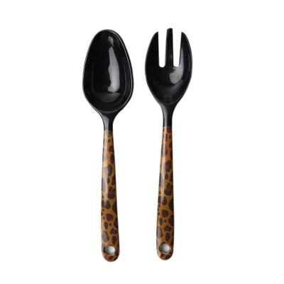 China Sustainable Modern Plastic Plastic Spoon Fork Kitchen Accessories OEM Leopard Print Melamine Fork And Spoon Salad Fork Set With Long Handle for sale