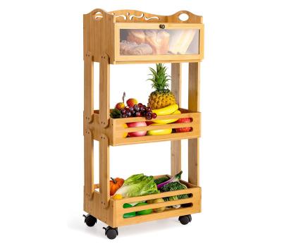 China Large Bamboo Stocked Kitchen Fruit Rack With Wheels Bread Box Rack Storage Containers For Food for sale