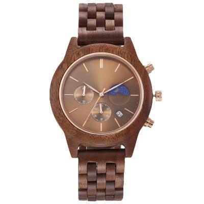 China New Creative Men's Moon Wood Strap Day/Date Phase Full Function Quartz Wood Calendar Watch for sale