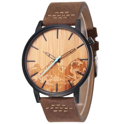 China New Day/Date Mens Leather Strap Bamboo Wooden Dial Quartz Watch 30m Steel Water Resistant for sale