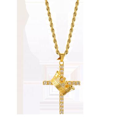 China Custom Hiphop Fashion Atmosphere Design 18k Gold Stainless Steel Zircon Pendant Crown Cross Drop Necklace for sale