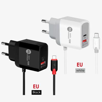 China New Product EU/US/UK Mobile Phone Wall Type C Charger Cable Adapter 18W PD Fast Charger For Apple iPhone Charges for sale