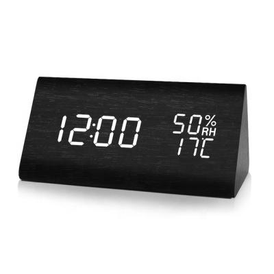 China Class KH-WC008 Triangular Wooden LED Digital Alarm Clock with Temperature Humidity for sale