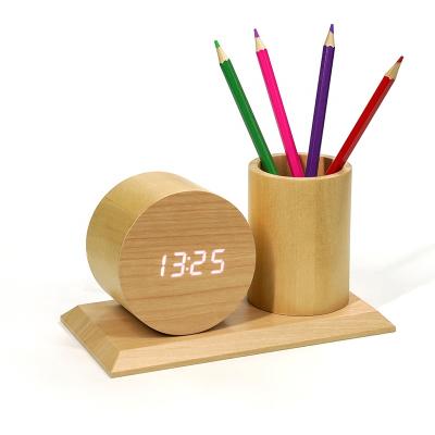 China Class KH-WC075 Multifunctional Electronic LED Display Round Pen Holder Digital Desk Decorative Solid Wood Desk Clock for Office for sale