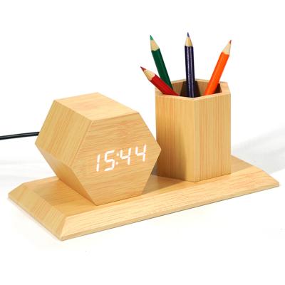 China Files Sound Product Control KH-WC077 Patented Hexagonal Wooden Table Pen Holder Electronic Time Display Digital LED Desk Alarm Clock for sale