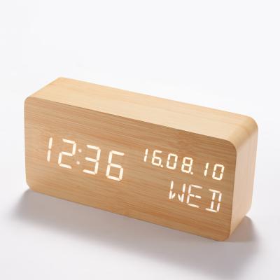 China Bamboo Desktop Table LED Voice Control KH-WC004 Year Month Date Quartz Wooden Clock With Calendar for sale