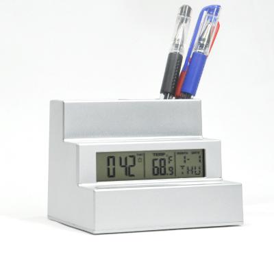 China Promotional Gifts KH-CL120 Multifunctional Creative Office Desk Eco-friendly Plastic Pen Holder With Clock for sale