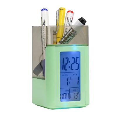 China KH-CL122 Promotional Desk Pen Holder Desk Calendar Table Digital Plastic Desk Pen Holder With Clock for sale