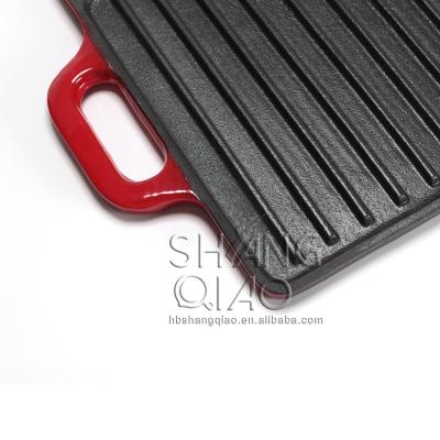 China New Design Cast Metal Enamel Double Sided Rectangular Steak Pan Barbecue Grill Dish for sale