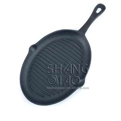 China Sustainable Wholesale Cast Iron Oval Camping Sizzling Dish Steak Pan With Wooden Tray for sale