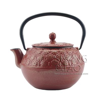 China Cherry Blossom Pattern Cast Iron Teapot Viable Tea Kettle with Stainless Steel Strainer (650ml, Red) for sale