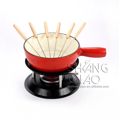 China SQF21 Cast Iron Fondue Pot Melting Fondue Set Enameled Cast Iron Fondue Pot Melting Cheese Fondue Set with Burner and Six Fondue Forks for sale