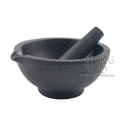 China Pre-Seasoned 5.1-Inch Round Cast Iron Mortar and Pestle with Pouring Spout Black for sale