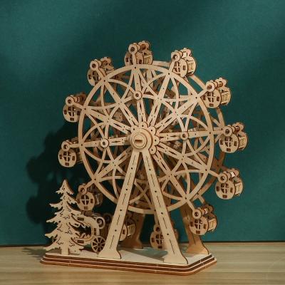 China Cartoon Toy Exploring Wisdom Manufacturer Laser Cutting Wooden Model Construction Ferris Wheel 3D Puzzle Kit for sale