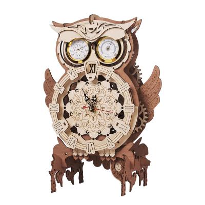 China DIY TOY Exploring Wisdom 3D Wooden Puzzle Owl Clock Mechanical Building Set with Thermometer for sale