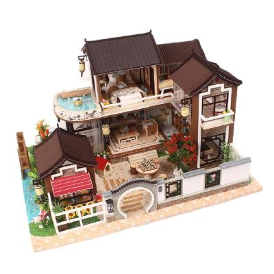 China Toy Exploring Wisdom Chinese Style Cartoon Wooden Yard DIY Dollhouse Miniature Kit with Furniture and LED for sale