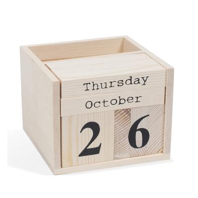 China Handmade Decor Handmade Unfinished Solid Wood Block Home Office Perpetual Wooden Calendar for sale