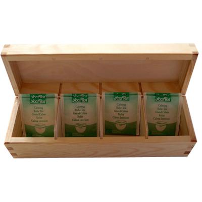 China Custom Unfinished Solid Wooden Organizer Handmade Wood Tea Boxes Pine Wood Tea Bag Small with 4 Compartments for sale