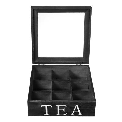 China Handmade Custom Black Wood Tea Bag Gift Box 9 Compartment Wooden Tea Storage Boxes With Clear Window Lid for sale