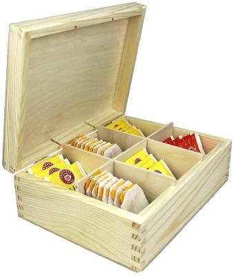 China 6 Compartment Handmade Custom Unfinished Wooden Tea Storage Box Tea Bag Chest Boxes for sale