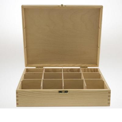 China Handmade Custom Unfinished Wooden Tea Bag Organizer Natural Plain Wooden Tea Box Packing Case with 12 Compartments for sale