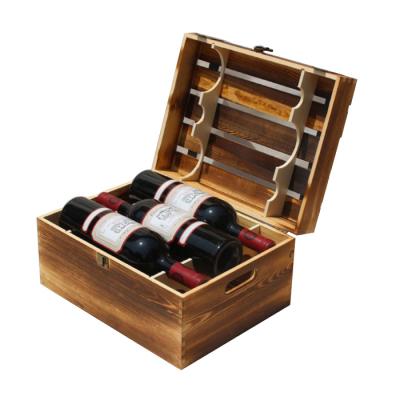 China Handmade Custom Wine Box Carry Pine Wood 6 Boxes Rustic Retro Vintage Wooden Wine Bottle Box For Birthday Gift for sale