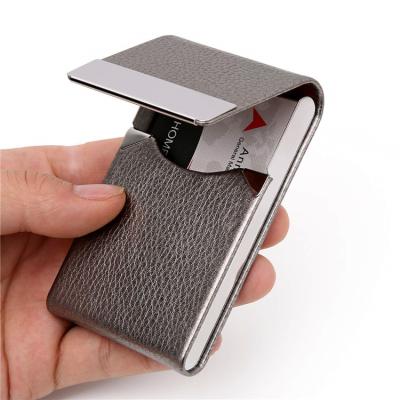 China Fashion personalized engrave metal logo name card holder card holder slim anti-theft and anti-magnetic rfid leather wallet for sale