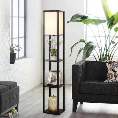 China Modern 4 Shelf Corner Floor Lamp Floor Standing Wooden Floor Lamp Corner LED Display Shelves with USB Port and Socket for sale