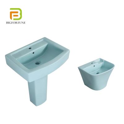 China New Arrival Modern Ceramic Bathroom Sink Wall Hung Pedestal Washbasin Blue Color Bathroom Basin for sale