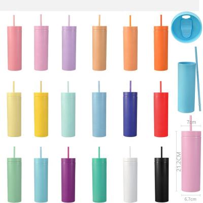 China 2021 New 16oz Double Walled Plastic Tumbler Stocked Clear Tumbler Cups with Straw Portable Water Bottle for sale