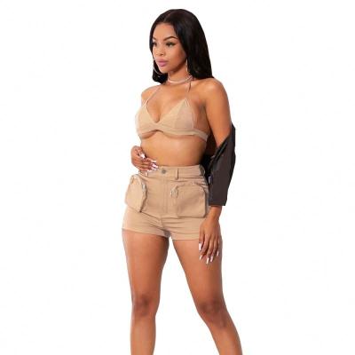 China QUICK DRY Sexy Bra Crop Top Two Piece Set Women Clothing 2023 Summer Casual Women's Backless Shorts 2 Pieces Sets with Pockets for sale