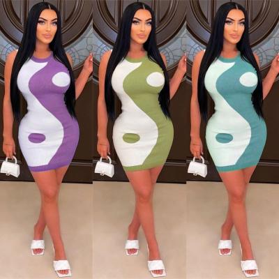 China 2023 Anti-Static Knitted Women Dresses Casual Club Color Matching Sexy Women Slim Bodycon Dresses With Stretchy for sale