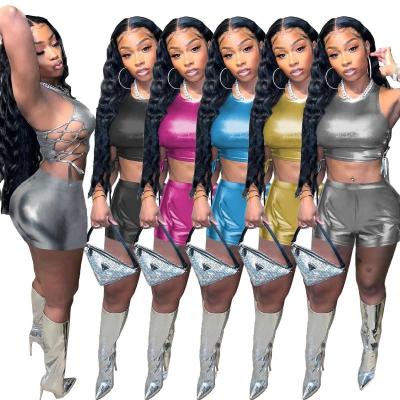 China QUICK DRY Sexy Crop Top Two Piece Shorts Set Women Clothing 2023 Summer Lace Up  Metallic Women Shorts Set for sale