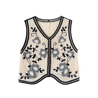 China Cute Girl Fashion Women's Embroidery Waistcoat Lady's Knitted Tank Tops Breathable Floral Hollow Out Sweater Vest for sale