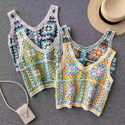 China Lady's Cute Hollow Out Crochet Vest Knitted Crop Top Bohemian Tank Top Women Summer Embroidery Floral Sweater Vest Breathable for sale