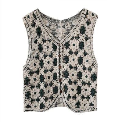 China Cute Hollow Out Crochet Lady's Vest Knitted Crop Top Cardigan Tank Top Women Summer Embroidery Floral Sweater Vest Breathable for sale