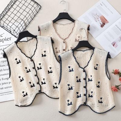 China Lady's Cute Hollow Out Knitted Waistcoat Crop Tank Tops Tank Top Women Summer Breathable Floral Embroidery Sweater Vest for sale