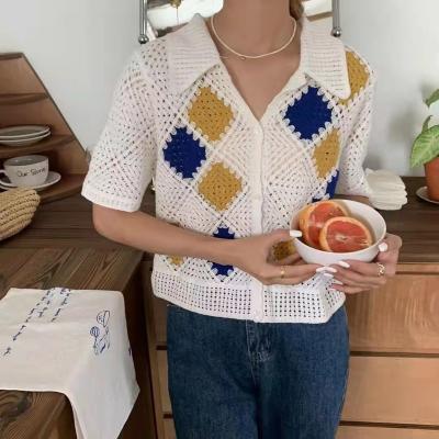 China Women's Summer Women's Polo Shirt Fashion Short Sleeve Ladies Hollowed Out Knitted Lapel Shirt Breathable Cardigan Polo Tee for sale