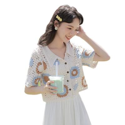 China Women Breathable Summer Knitted Breathable Cardigan Polo Tee Ladies Shirt Hollowed Out Lapel Shirt Lapel Shirt Fashion Short Sleeve for sale