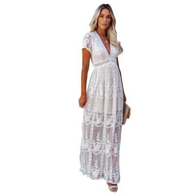 China High Waist V-neck Dress Women Summer Maxi Dress Lady Short Sleeve Evening Dress Breathable Sexy Lace Embroidery Dress for sale