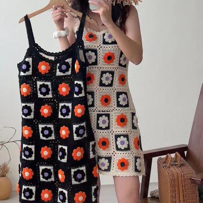 China Fashion Summer Breathable Women Hollow Out Lady Cute Knitted Long Casual Dress Sweet Sleeveless Bohemia Embroidery Floral Dress for sale