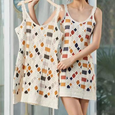 China Lady Cute Knitted Long Breathable Hollow Dress Women's Summer Fashion Embroidery Sleeveless Dress for sale