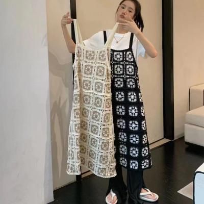 China Cute Knitted Sleeveless Long Slip Dress Summer Women Breathable Hollow Dress Embroidery Outdoor Crochet Dress for sale