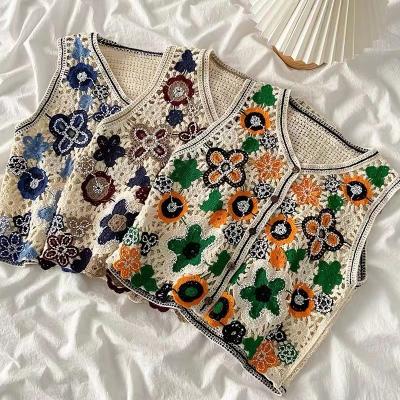 China Women's Fashion Embroidery Vest Lady's Retro Knitted Vest Hollow Out Vest Floral Sweater Vest Fashion Sleeveless Tank Tops for sale