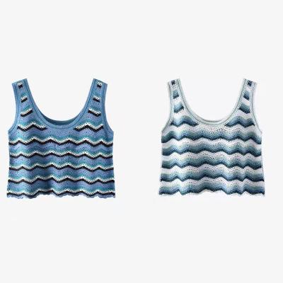 China Breathable Fashion Women Stripe Vest Lady Fashion Knitted Vest Hollow Out Tank Tops Girl Cropped Top for sale