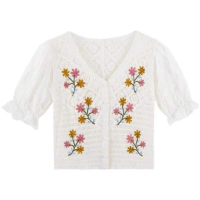 China Fashion Breathable New Summer Soft And Comfortable Hollow Out Shirt Embroidered Knitted Floral Women Blouses for sale