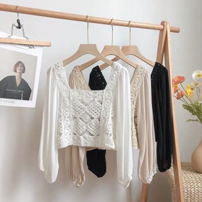 China Fashion Breathable Women Lace Up Chiffon Shirt Lady Breathable Knitted Long Sleeve Blouse Girl Crop Tops for sale