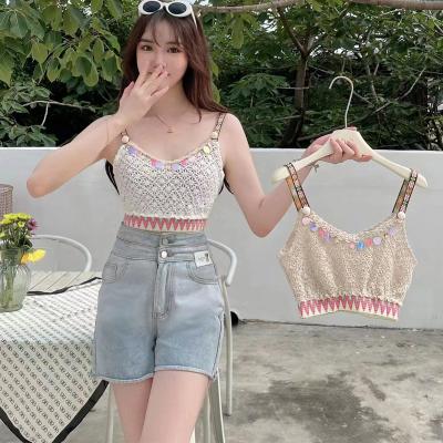 China Lady Breathable Hollow Knitted Women Summer Bohemia Embroidery Tank Top Camisole Invest Girl Cute Breathable Crop Camisole Top Vest for sale